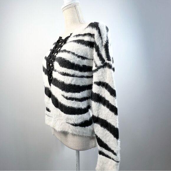 Y2K Express Fuzzy Zebra Animal Print Lace Up Sweater XS - Picture 9 of 11